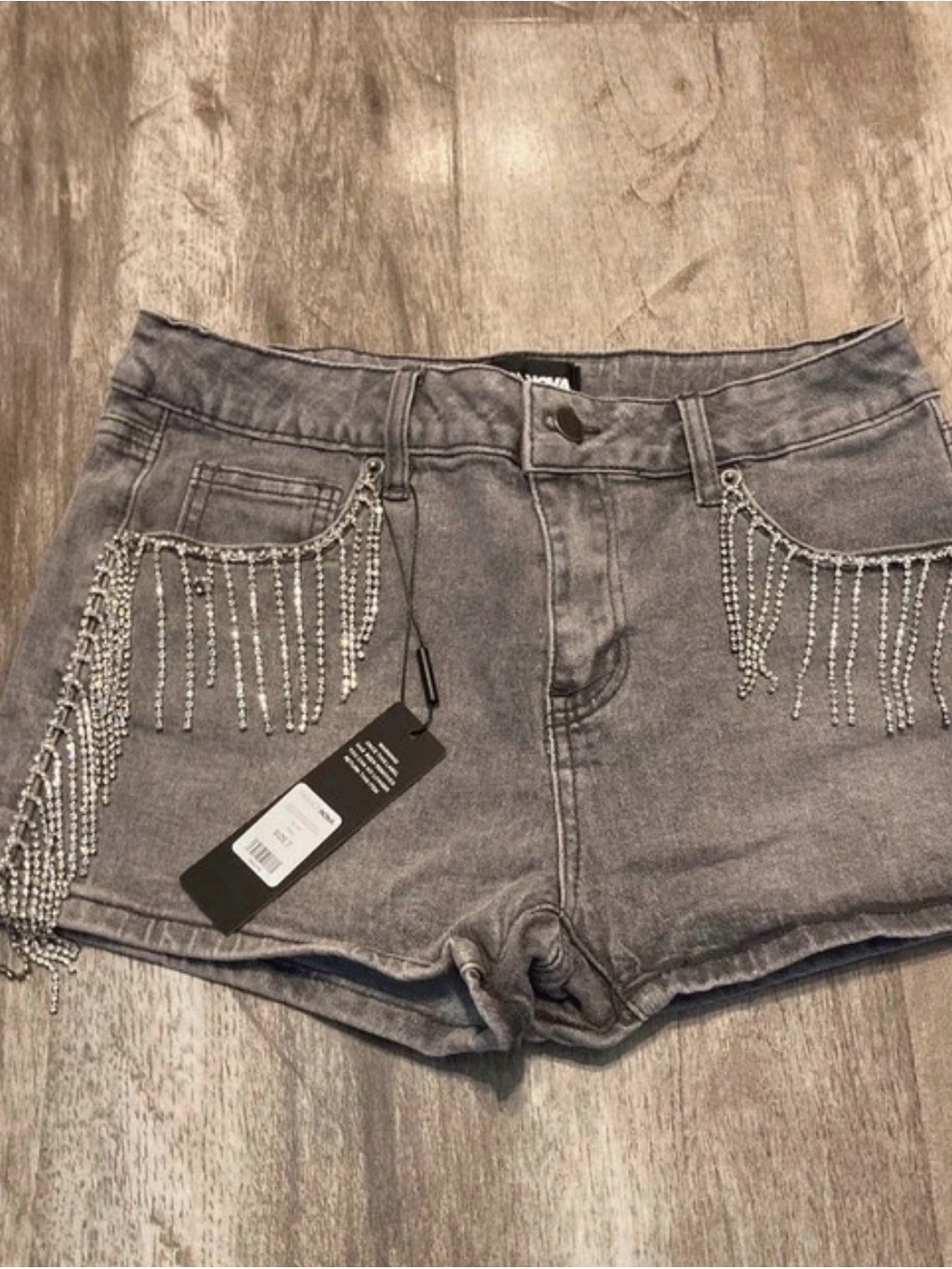 Fashion Nova Gray Denim Shorts with Silver Fringe Chains